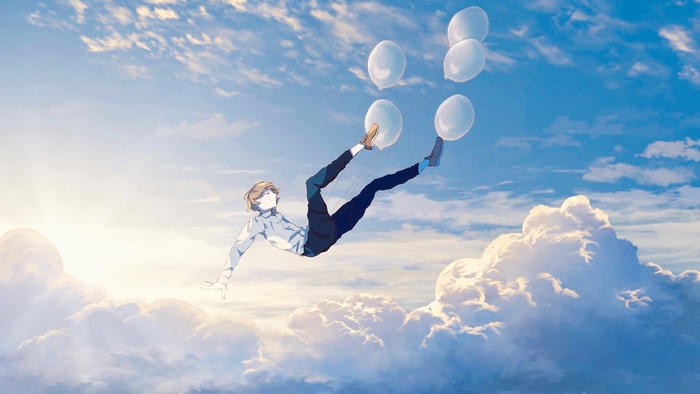 Boy with balloons floating in the sky