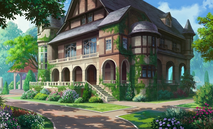 A grand brick mansion with ivy and a garden