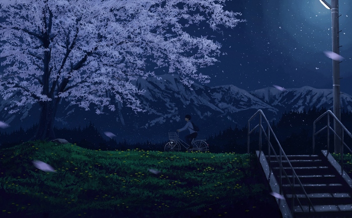 Boy riding a bike at night under a cherry blossom tree