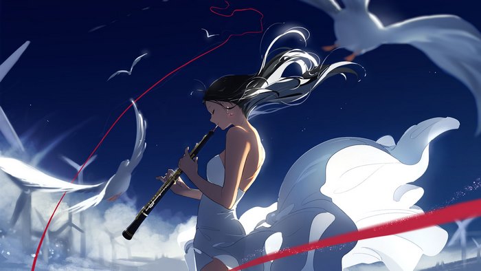 Girl Playing Flute with Birds and Red Ribbon