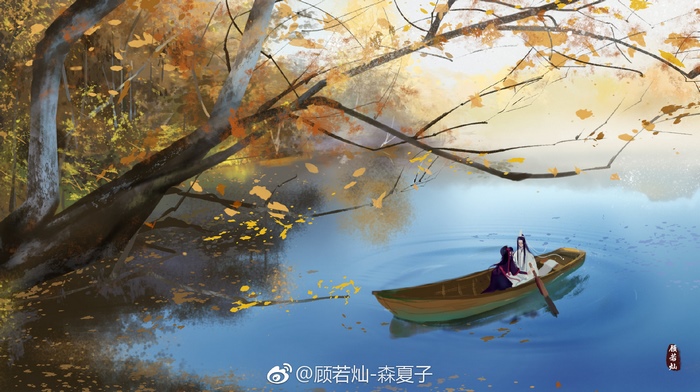 Lan Wangji and Wei Wuxian in a boat
