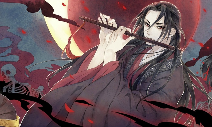 Wei Wuxian playing the flute under a red moon