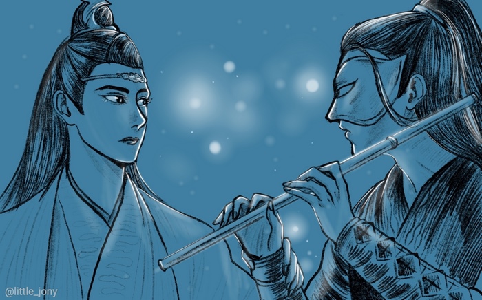 Lan Wangji and Wei Wuxian playing flute