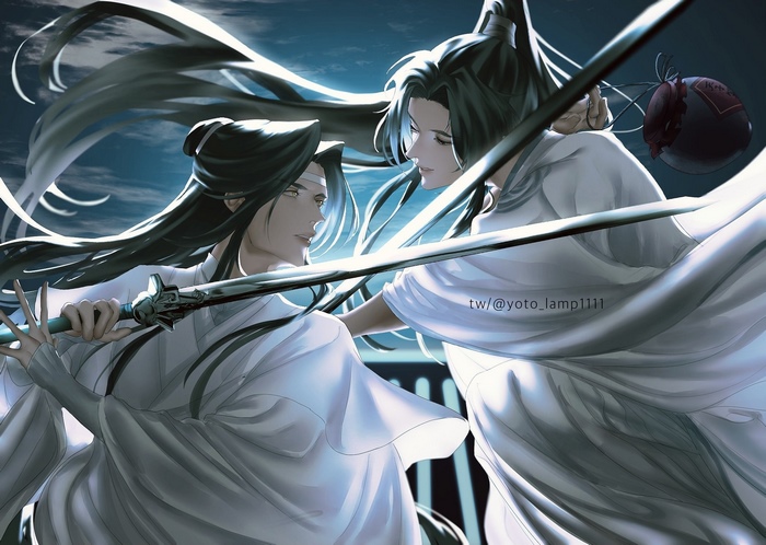 Lan Wangji and Wei Ying with swords