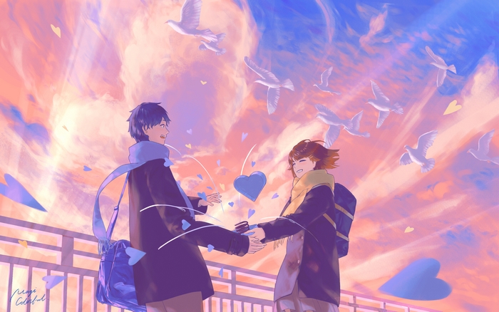 Couple holding hands with birds flying