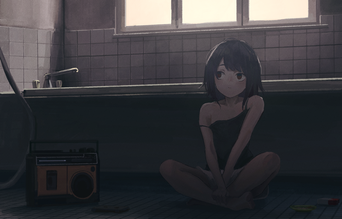 Girl with short hair sitting by a radio