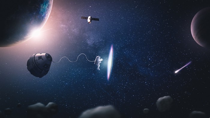 Astronaut in Space near a Wormhole and Planets