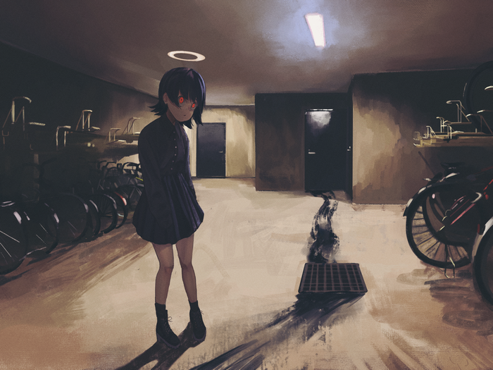 Girl with red eyes and halo in a dark garage