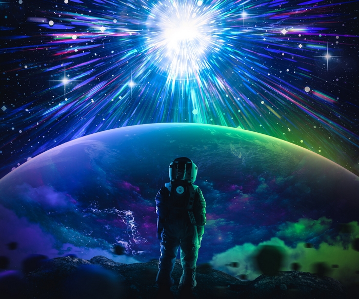 Astronaut gazes at a bright star and a colorful planet