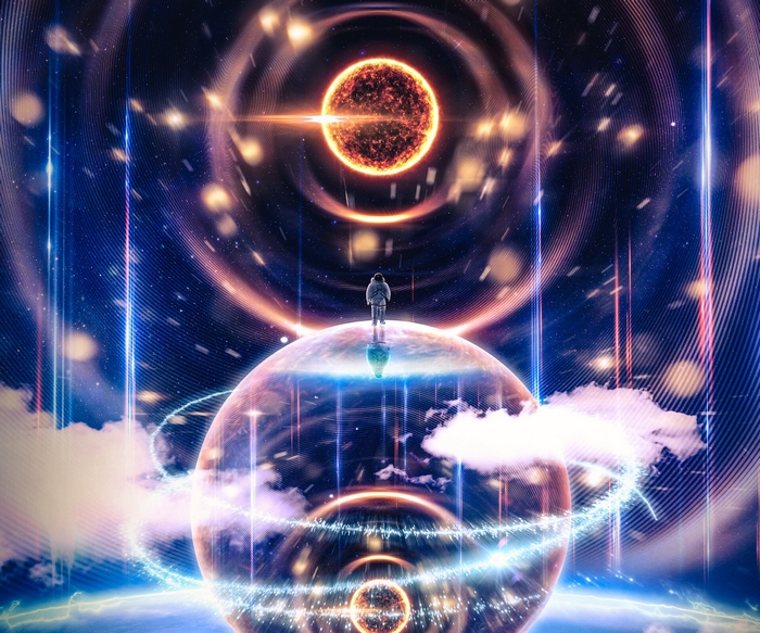 Sci Fi Astronaut in Space with Planets and Stars