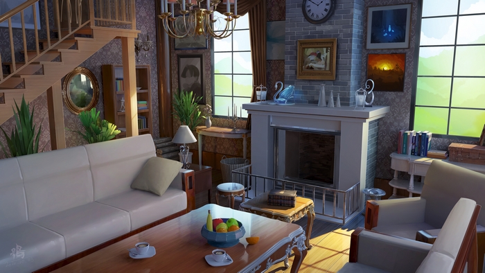 Cozy living room with fireplace and staircase 4K