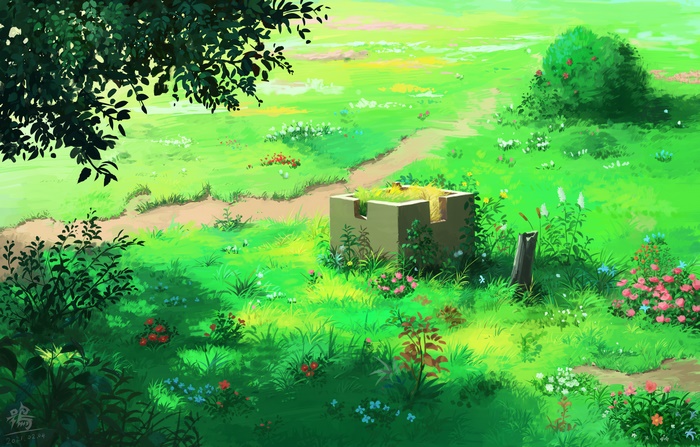Green meadow with a path and a stone structure