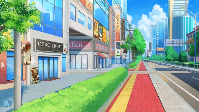 City street with buildings and a road