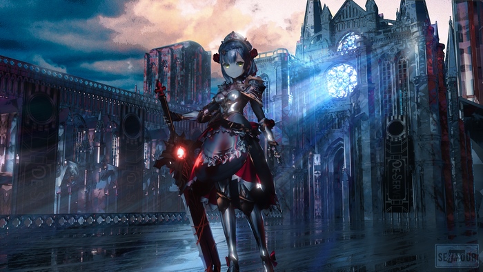 Noelle with a large sword in front of a gothic cathedral
