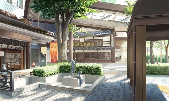 Japanese Street with Shops and Statues