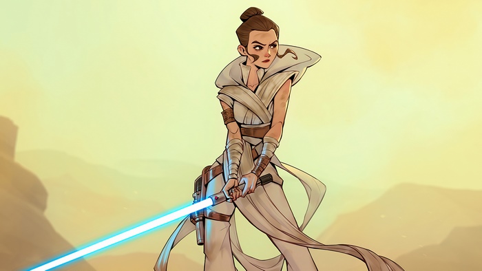 Rey with Lightsaber in a Desert Landscape