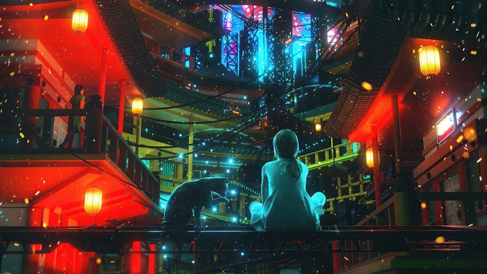 Girl and Cat in a Futuristic City with Lanterns