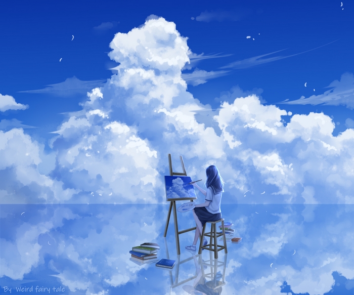 Girl Painting Clouds in School Uniform