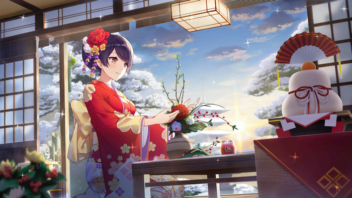 Girl in Kimono Arranging Flowers in Snowy Setting