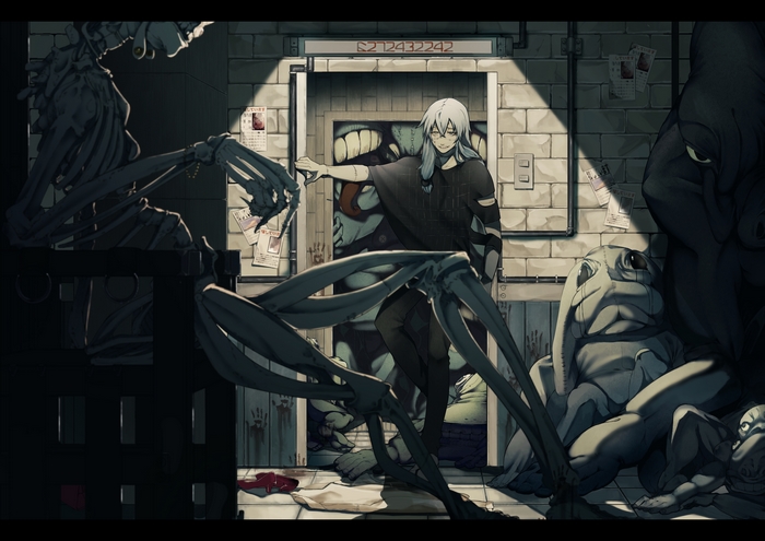 Mahito opens an elevator door to a monstrous mouth