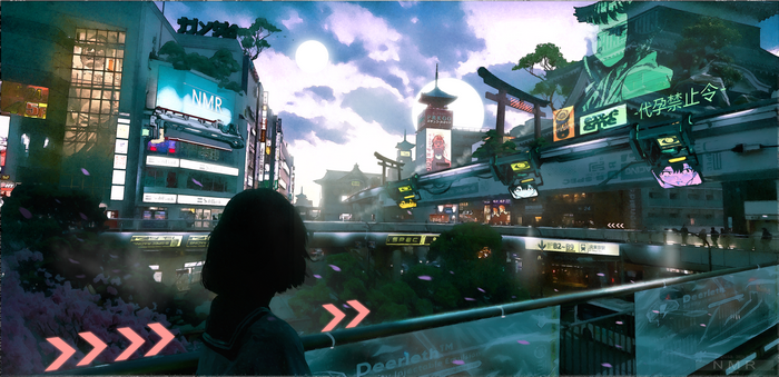 Girl in futuristic city with anime billboards