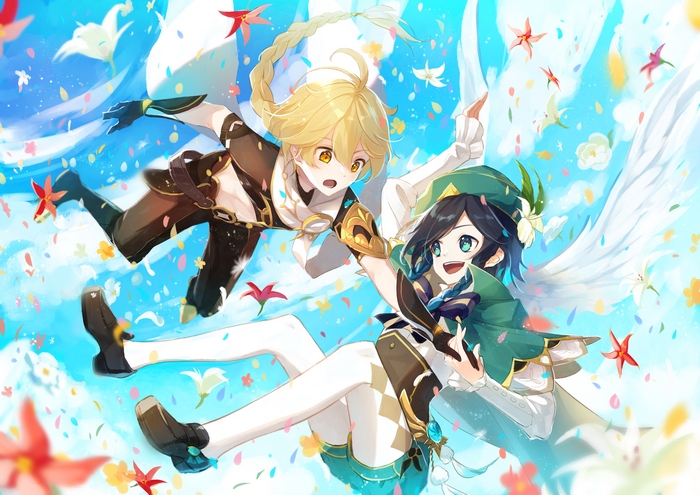 Aether and Venti from Genshin Impact flying