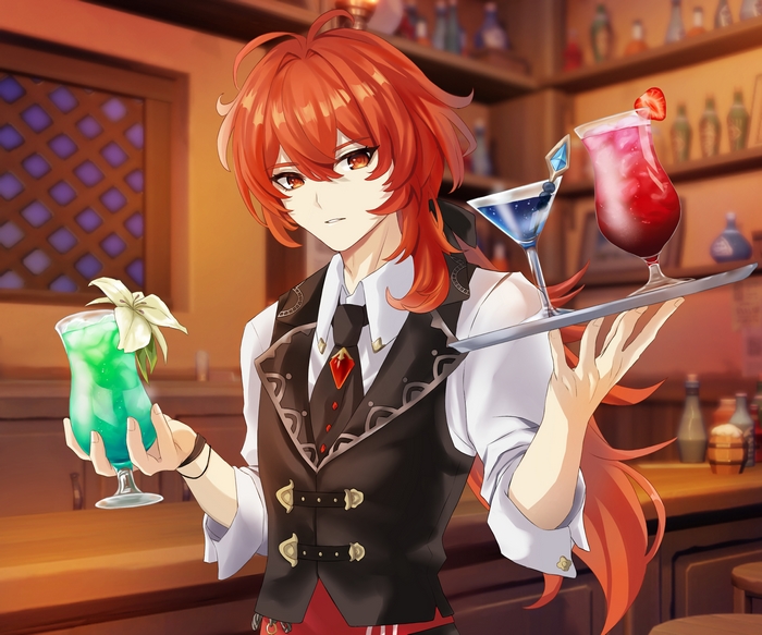 Diluc holding drinks in a bar