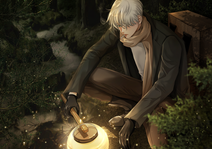 Ginko from Mushishi with a lantern