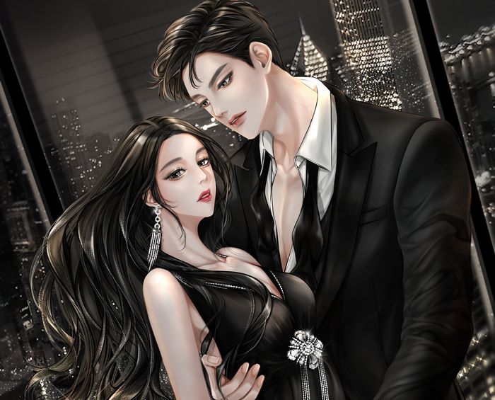 Couple in formal wear against city skyline