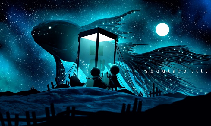 Fantasy whale and children under starry sky