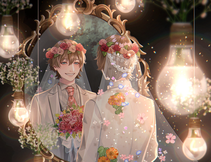 Anime boy in wedding attire looking in a mirror
