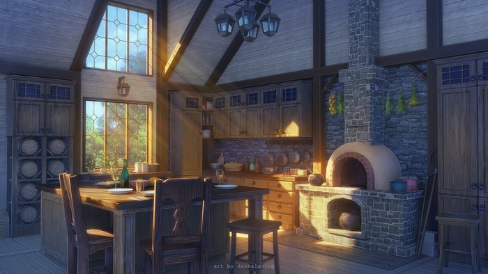 Rustic kitchen with a large stone oven and dining table