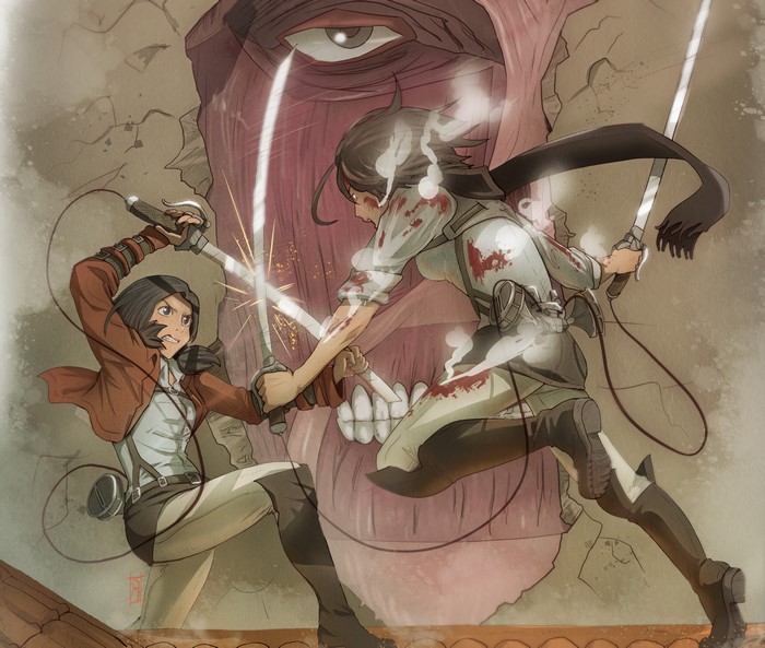 Mikasa Ackerman and Hange Zoe fight a Titan