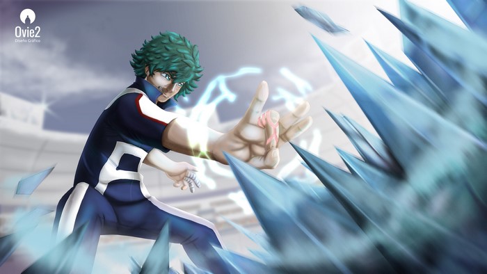 Izuku Midoriya using his Quirk with ice shards