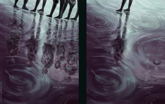 Levi Ackerman and companions reflected in water