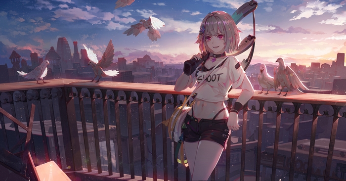 Girl with Slingshot and Birds on Rooftop 4K