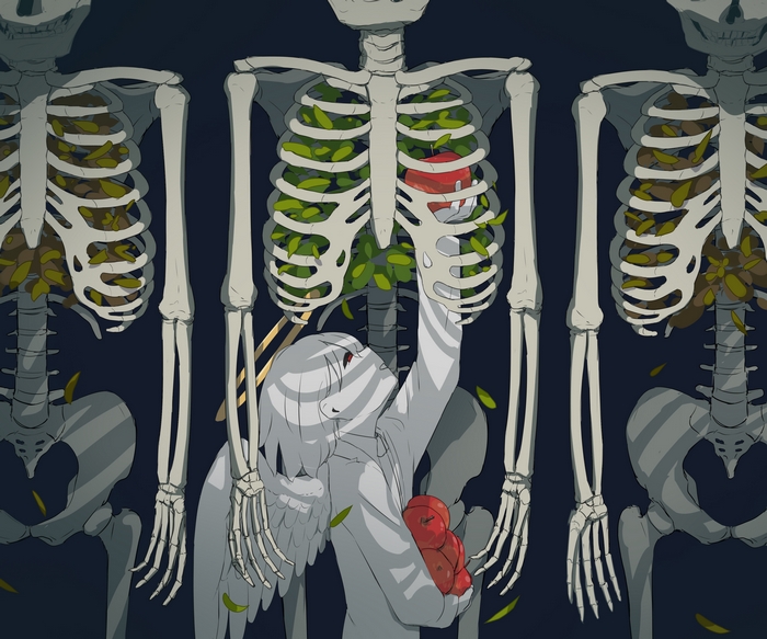 Skeleton Ribcage with Leaves and a Figure Holding an Apple