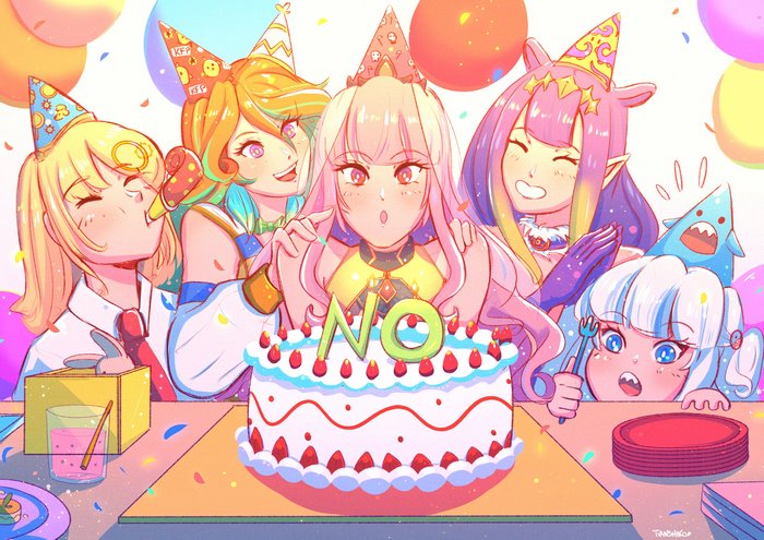 Hololive EN girls celebrating with a cake