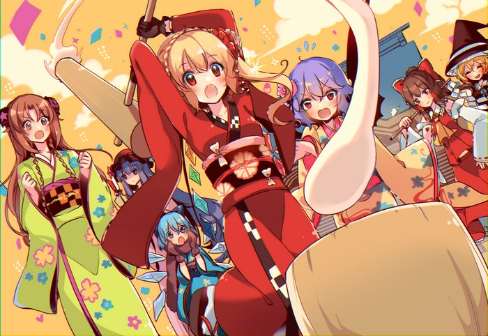 Touhou characters celebrating with drums