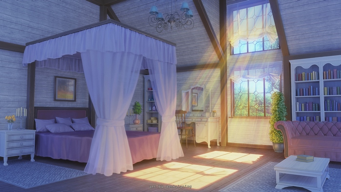 Bedroom with canopy bed and sunbeams
