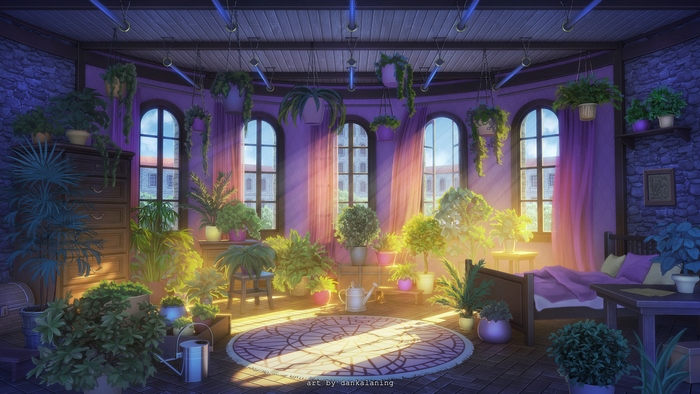 Sunlit room filled with potted plants and a bed