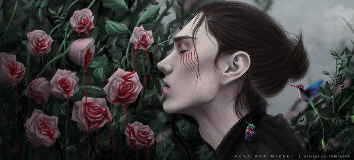 Eren Yeager with bleeding roses and hummingbirds