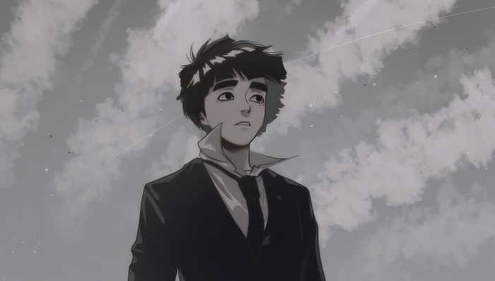Rock Lee in a suit looking up at the sky