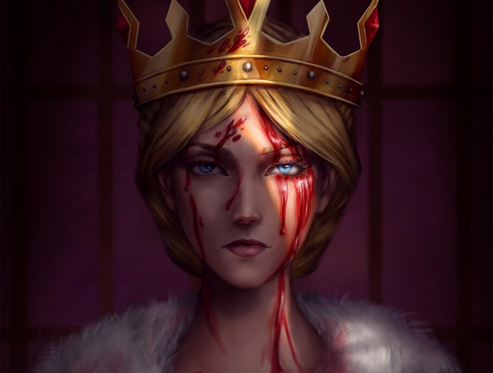 Historia Reiss with blood on her face and crown