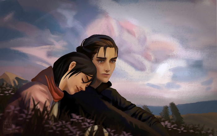 Eren Yeager and Mikasa Ackerman in a field