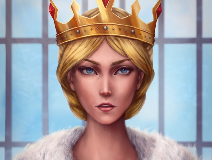 Historia Reiss wearing a crown and fur