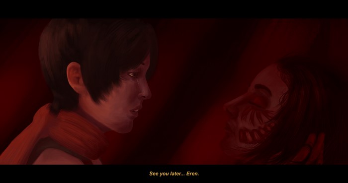 Mikasa Ackerman looks at Eren Yeager in Attack on Titan