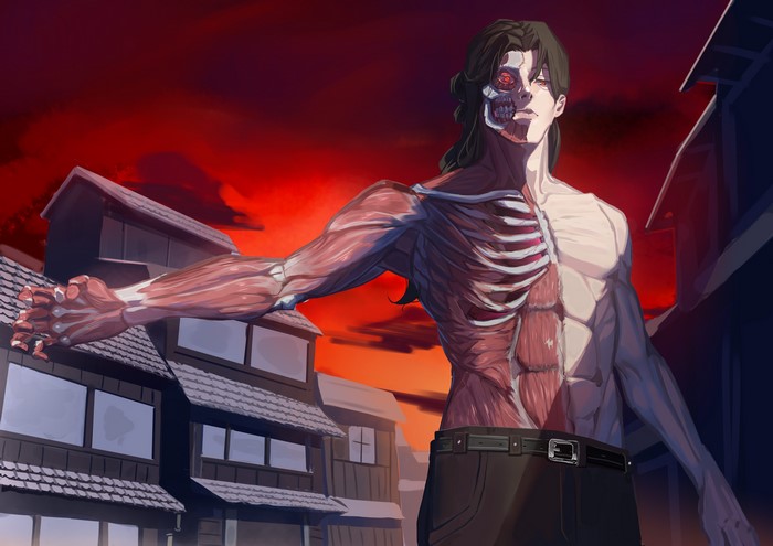 Attack on Titan character with exposed muscles and skeleton