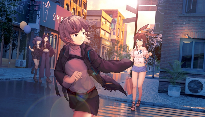 Arknights characters walking on a city street