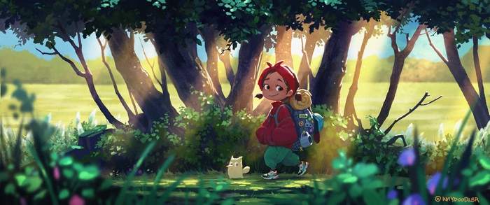 Girl and creature go camping in a sunlit forest
